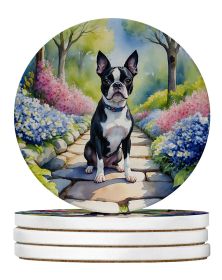 Boston Terrier Spring Path Large Sandstone Coasters Pack of 4 Absorbent Round Coasters Decor Gifts for Men or Women, 4 in, Multicolor